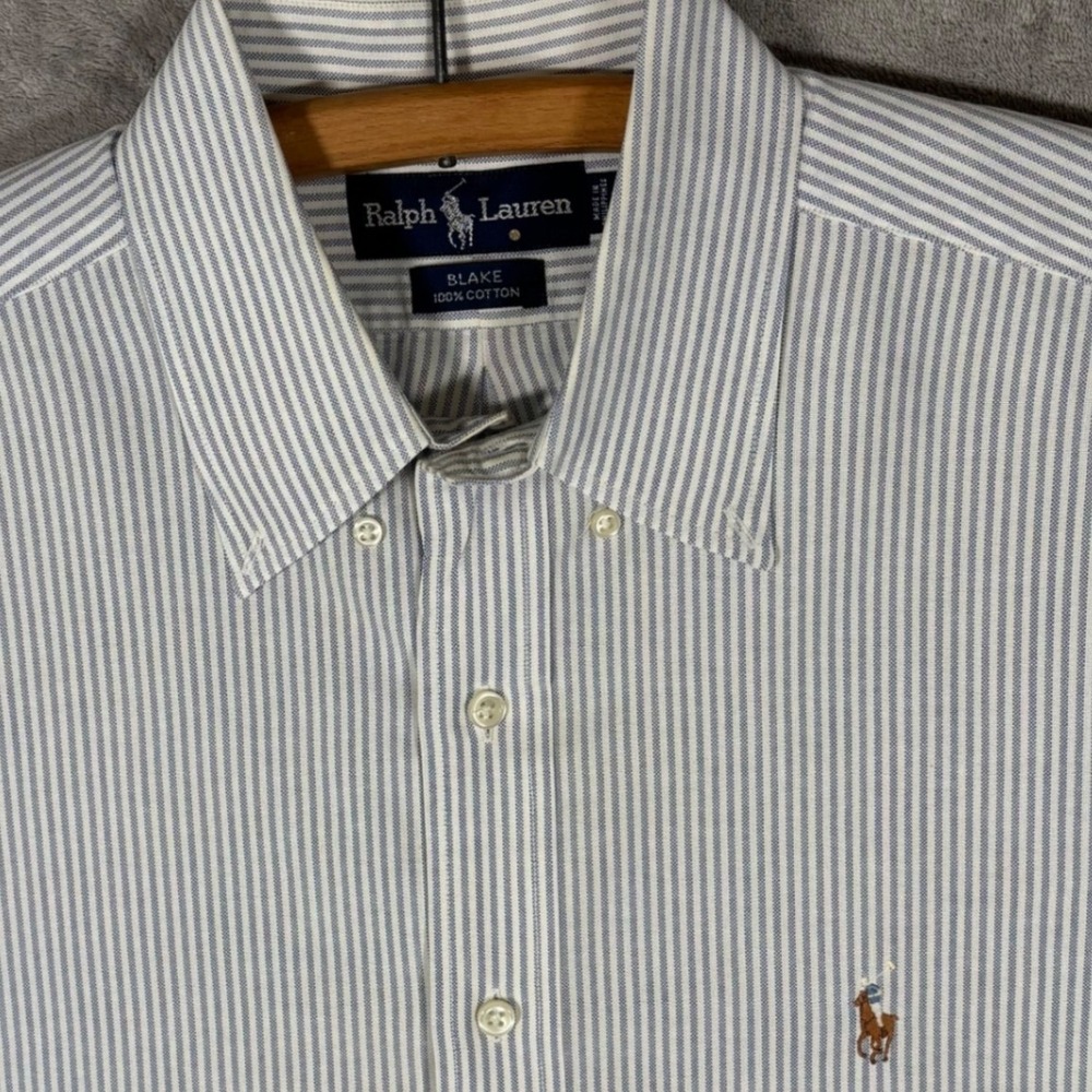 Ralph Lauren Blake Men Large Blue White Striped Short Sleeve Cotton Shirt Preppy